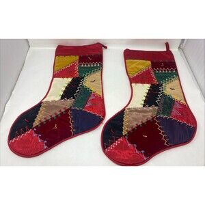 House of Hatten Christmas Stockings Set of 2 Patchwork Velvet Boho Quilted